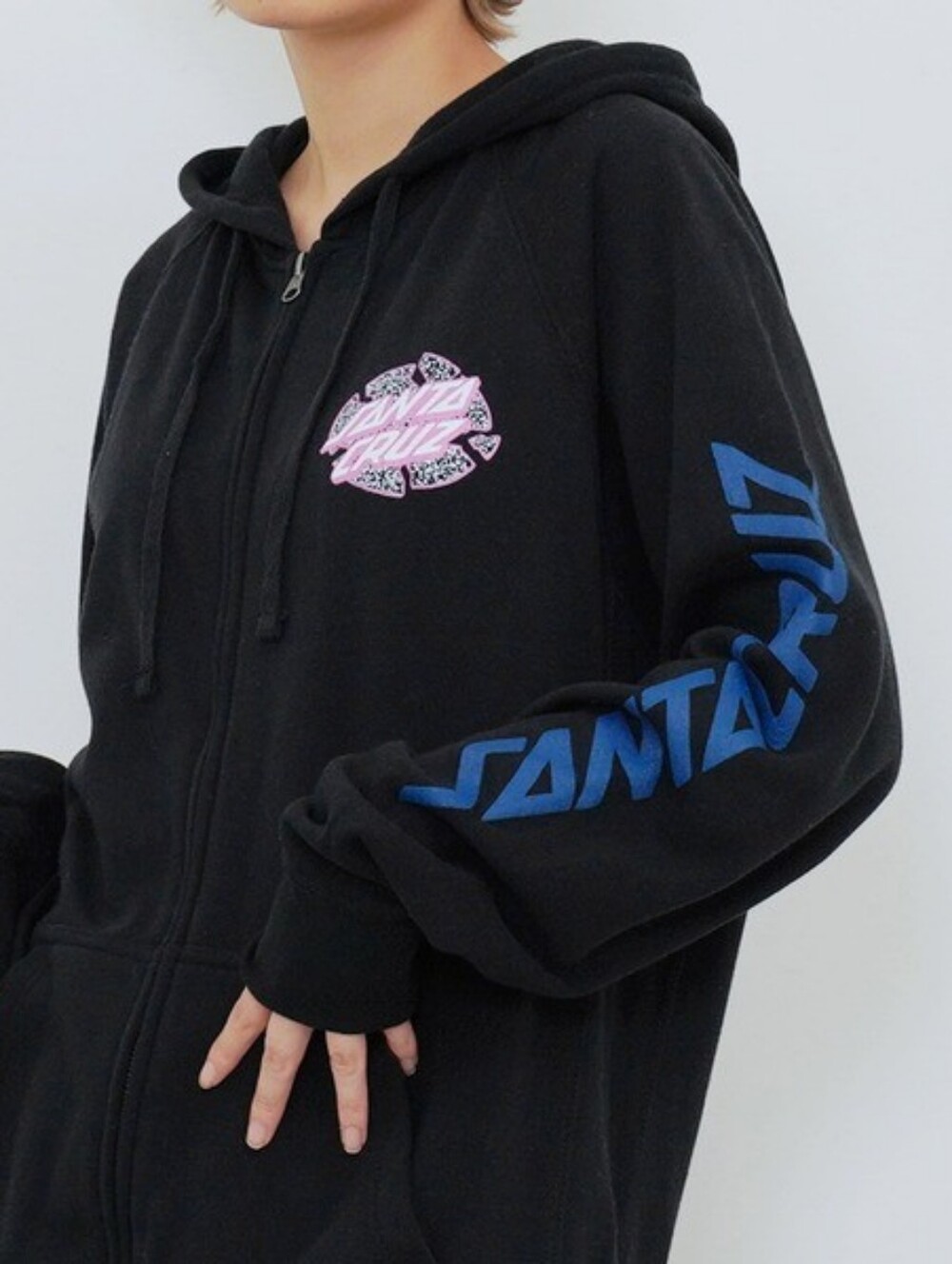 Santa Cruz  Black Hoodie with Blue Sleeve Logo and Pink Chest Graphic